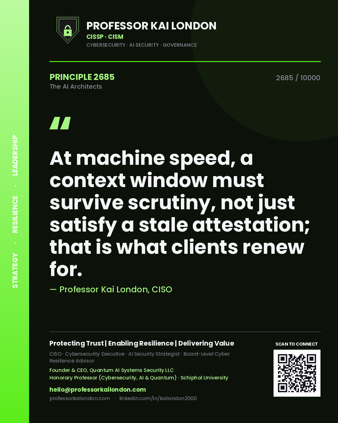 Quote card by Professor Kai London reading 'At machine speed, a context window must survive scrutiny, not just satisfy a stale attestation; that is what clients renew for.'. From the book The AI Architects.