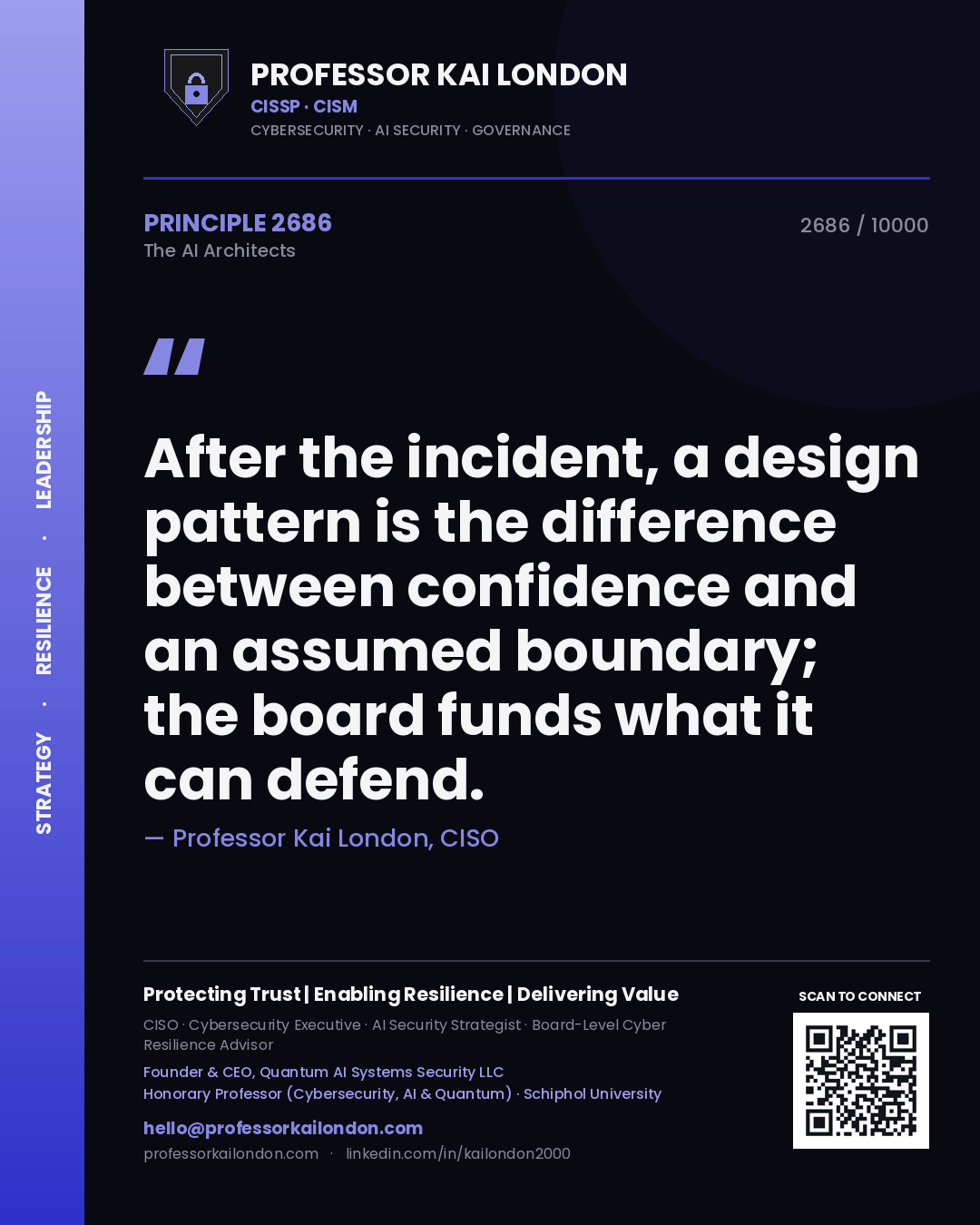 Quote card by Professor Kai London reading 'After the incident, a design pattern is the difference between confidence and an assumed boundary; the board funds what it can defend.'. From the book The AI Architects.