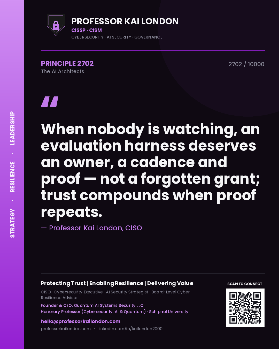 Professor Kai London principle 2702: When nobody is watching, an evaluation harness deserves an owner, a cadence and proof — not a forgotten grant; trust compounds when proof repeats.