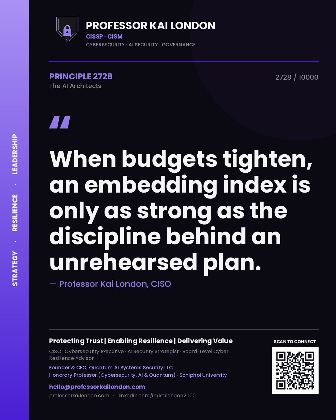Professor Kai London principle 2728: When budgets tighten, an embedding index is only as strong as the discipline behind an unrehearsed plan.