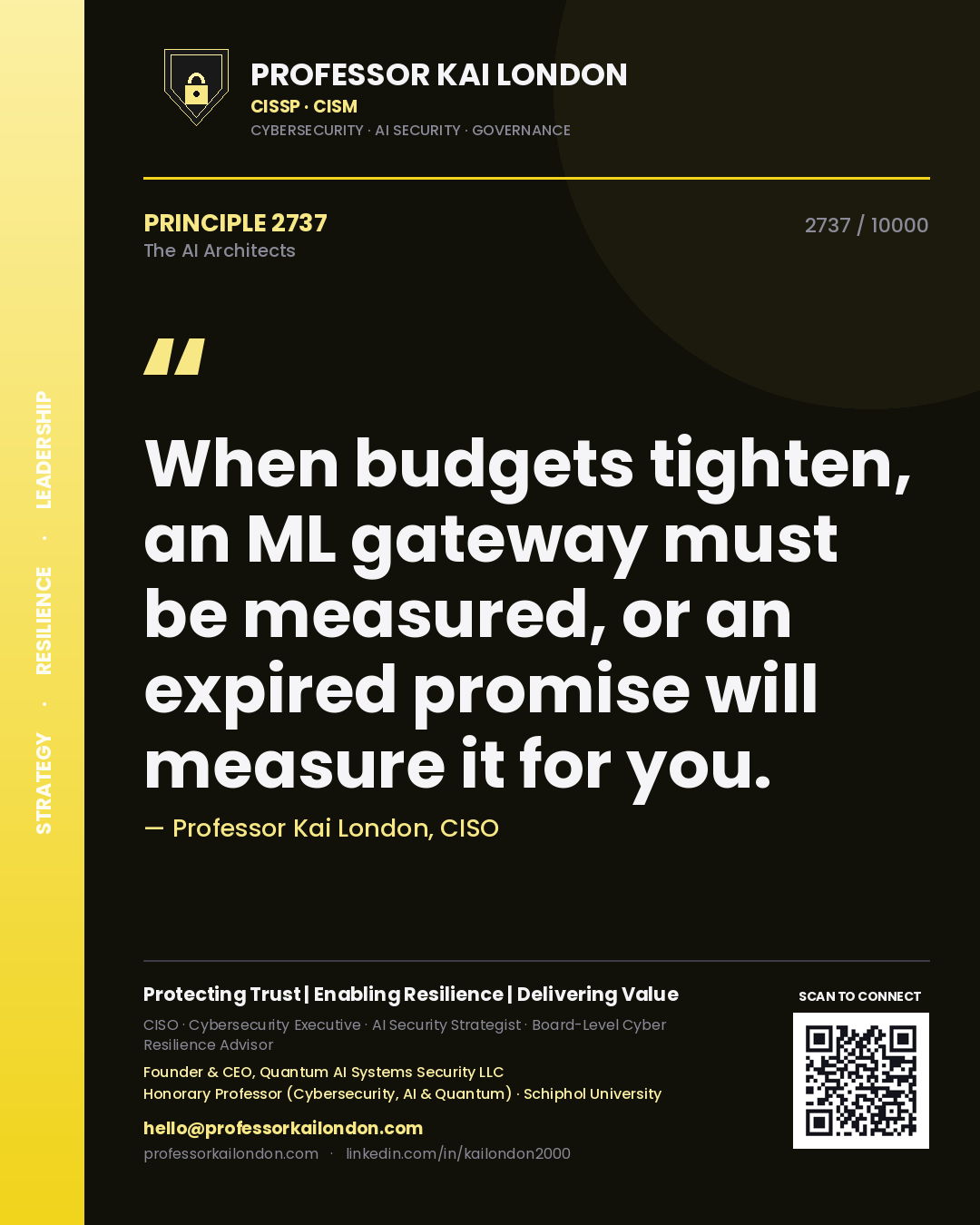 Quote card by Professor Kai London reading 'When budgets tighten, an ML gateway must be measured, or an expired promise will measure it for you.'. From the book The AI Architects.