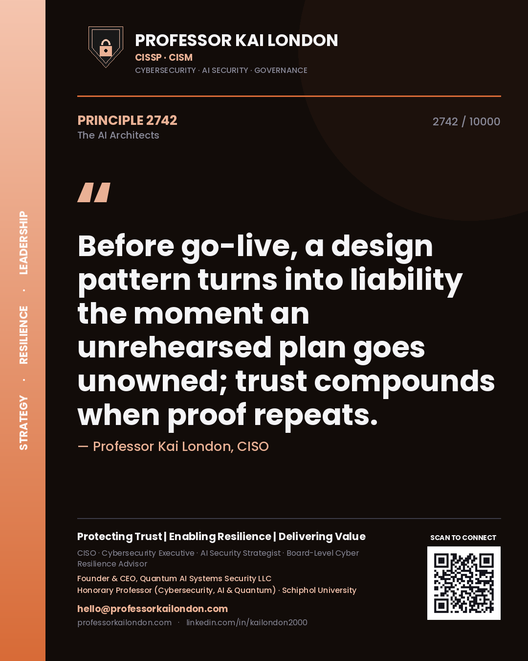 Quote card by Professor Kai London reading 'Before go-live, a design pattern turns into liability the moment an unrehearsed plan goes unowned; trust compounds when proof repeats.'. From the book The AI Architects.