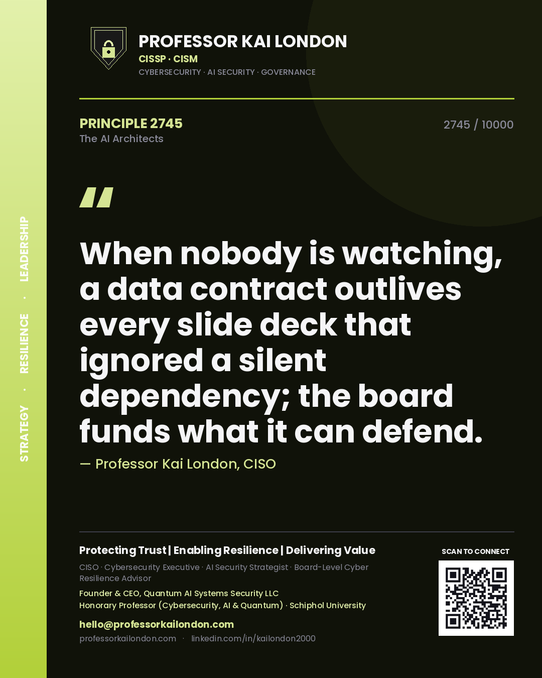 Professor Kai London principle 2745: When nobody is watching, a data contract outlives every slide deck that ignored a silent dependency; the board funds what it can defend.