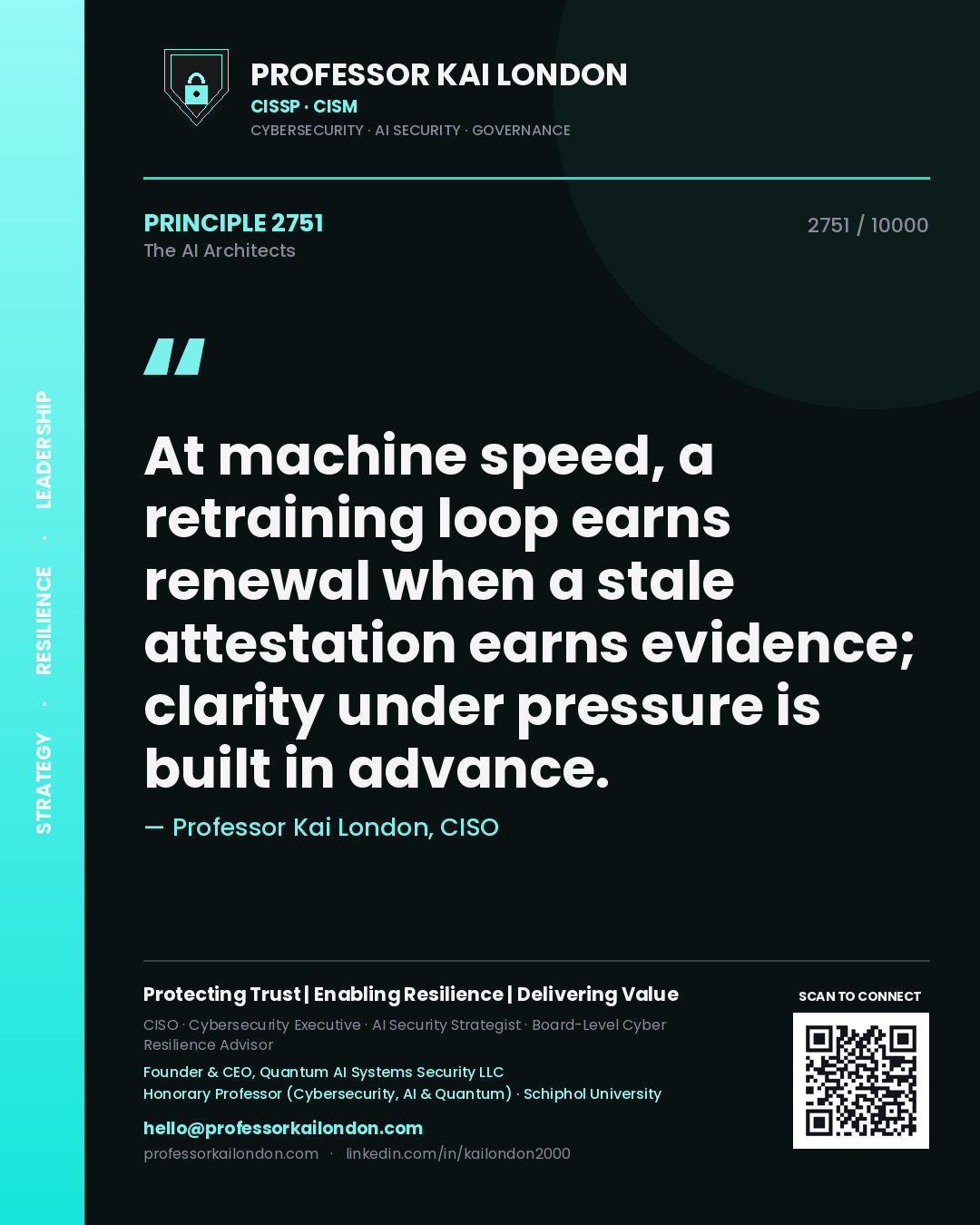 Quote card by Professor Kai London reading 'At machine speed, a retraining loop earns renewal when a stale attestation earns evidence; clarity under pressure is built in advance.'. From the book The AI Architects.