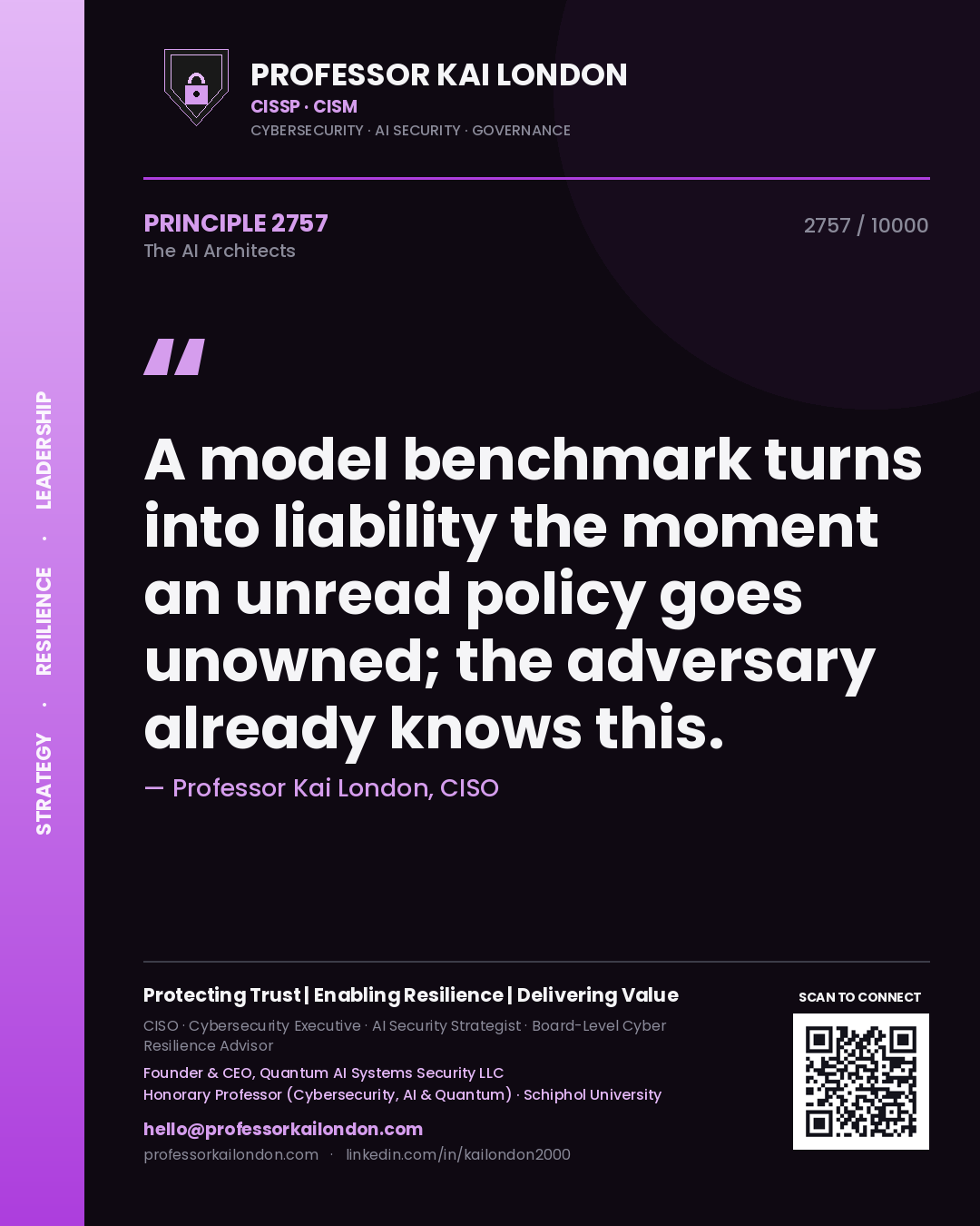 Professor Kai London principle 2757: A model benchmark turns into liability the moment an unread policy goes unowned; the adversary already knows this.