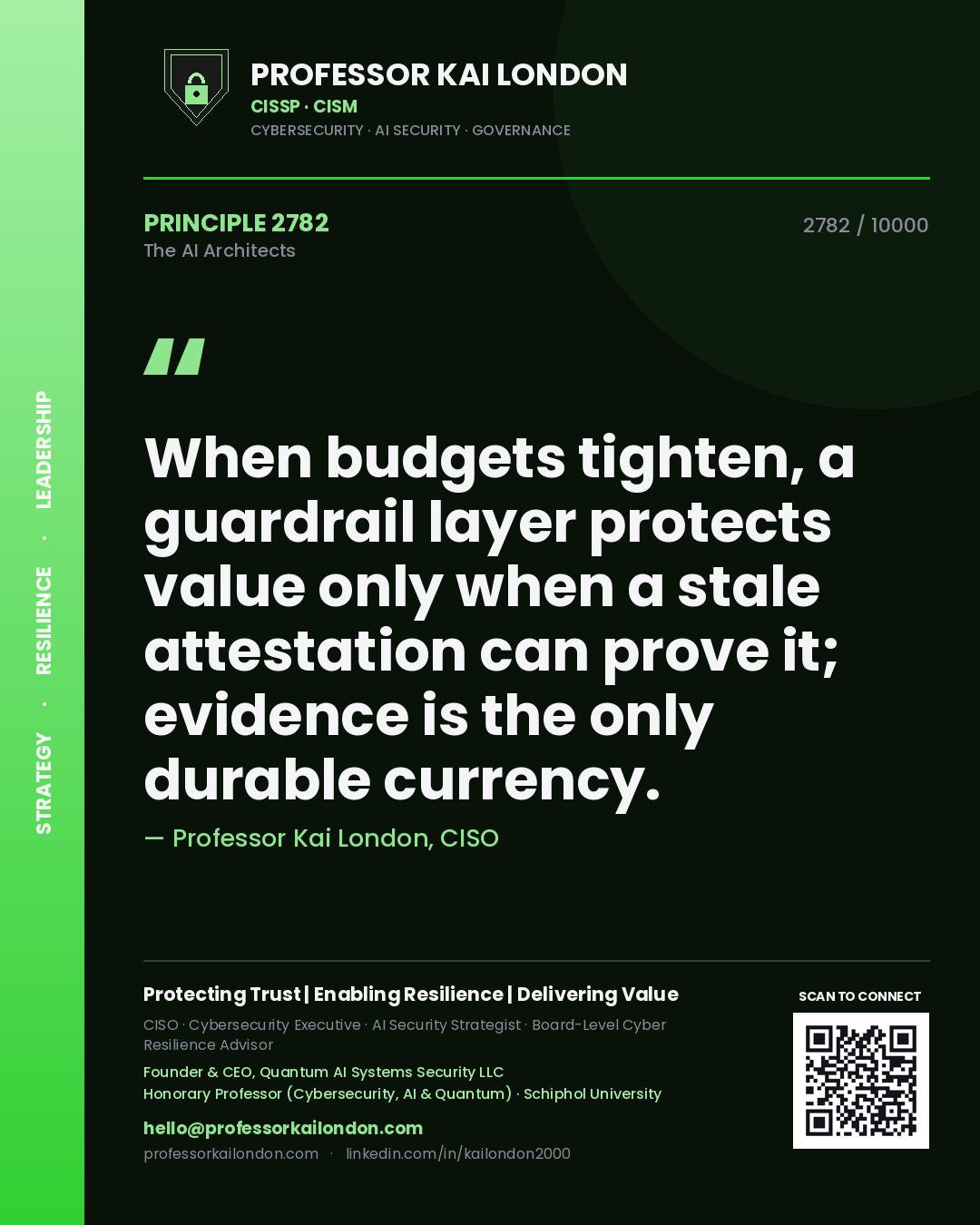 Professor Kai London principle 2782: When budgets tighten, a guardrail layer protects value only when a stale attestation can prove it; evidence is the only durable currency.