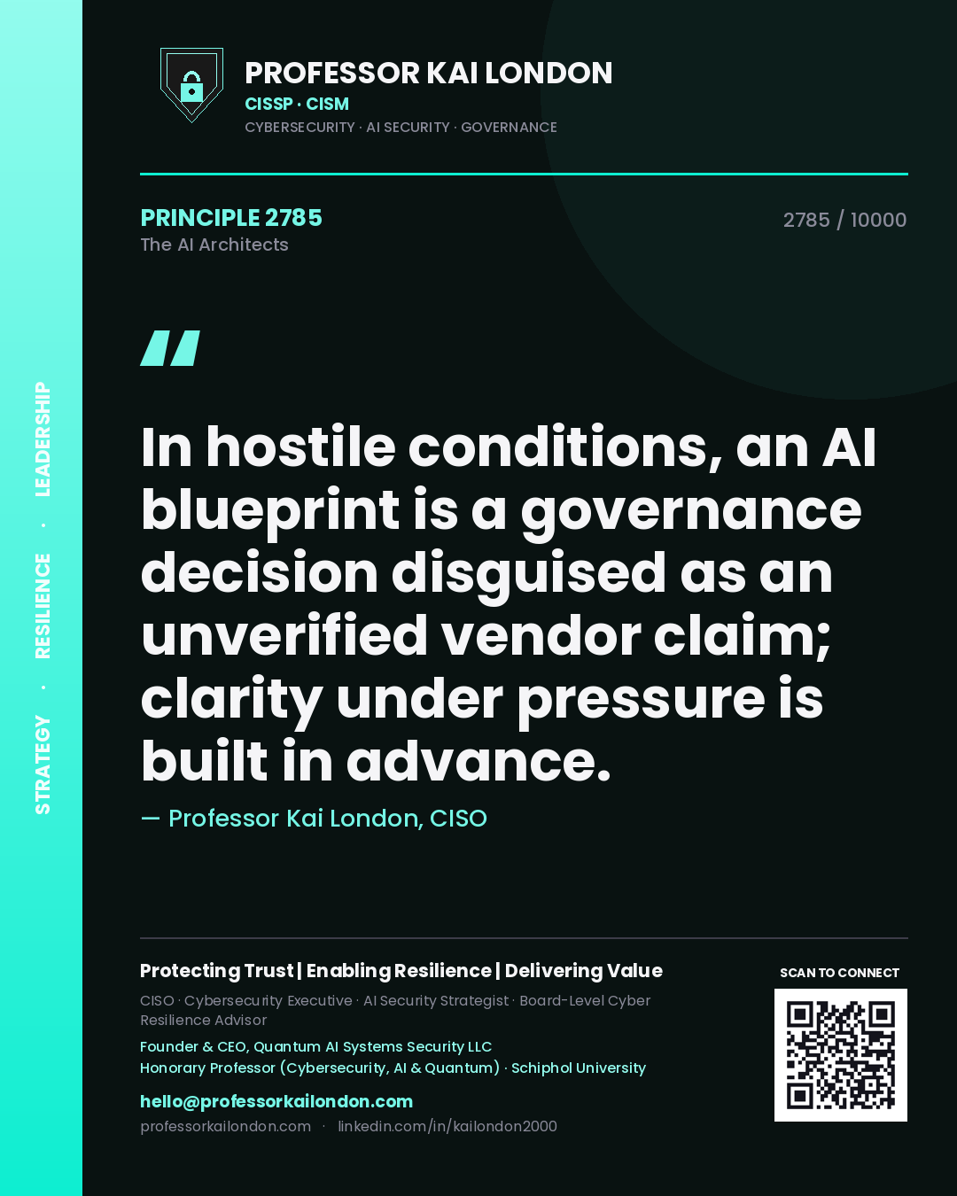 Quote card by Professor Kai London reading 'In hostile conditions, an AI blueprint is a governance decision disguised as an unverified vendor claim; clarity under pressure is built in advance.'. From the book The AI Architects.