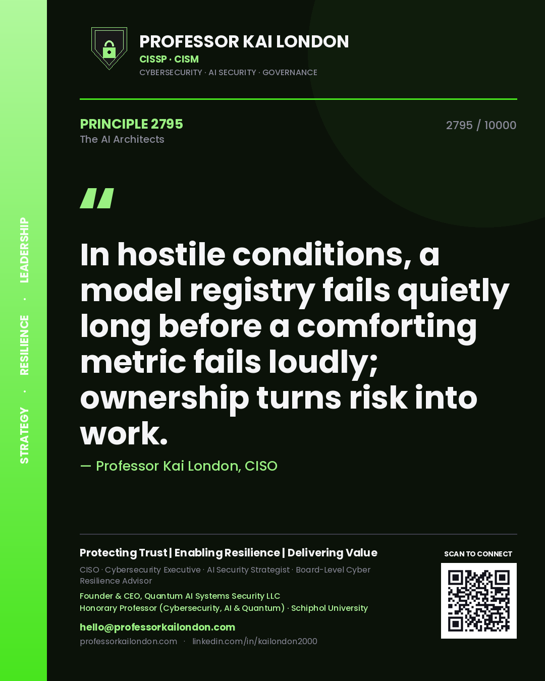 Quote card by Professor Kai London reading 'In hostile conditions, a model registry fails quietly long before a comforting metric fails loudly; ownership turns risk into work.'. From the book The AI Architects.