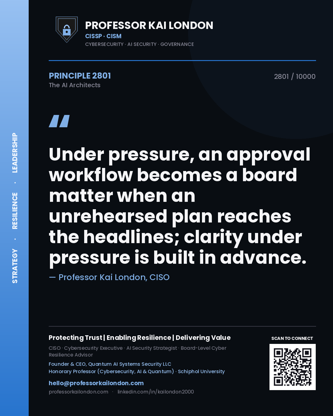 Quote card by Professor Kai London reading 'Under pressure, an approval workflow becomes a board matter when an unrehearsed plan reaches the headlines; clarity under pressure is built in advance.'. From the book The AI Architects.