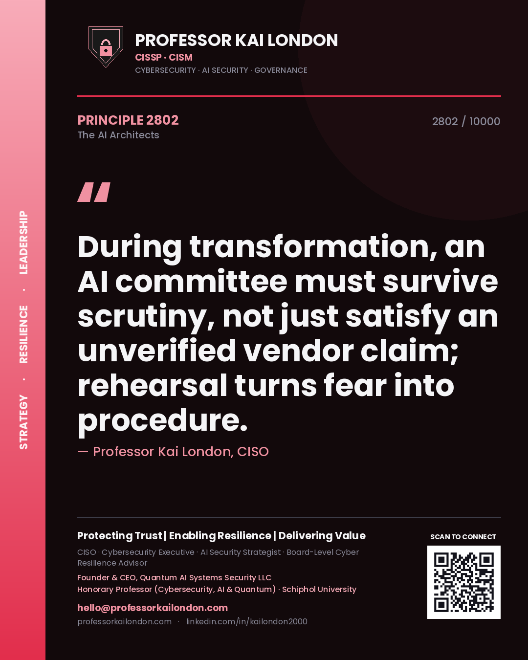 Quote card by Professor Kai London reading 'During transformation, an AI committee must survive scrutiny, not just satisfy an unverified vendor claim; rehearsal turns fear into procedure.'. From the book The AI Architects.