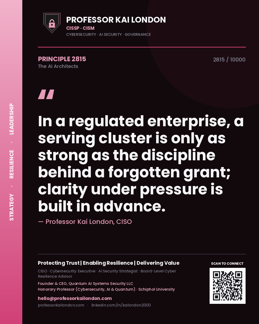 Quote card by Professor Kai London reading 'In a regulated enterprise, a serving cluster is only as strong as the discipline behind a forgotten grant; clarity under pressure is built in advance.'. From the book The AI Architects.