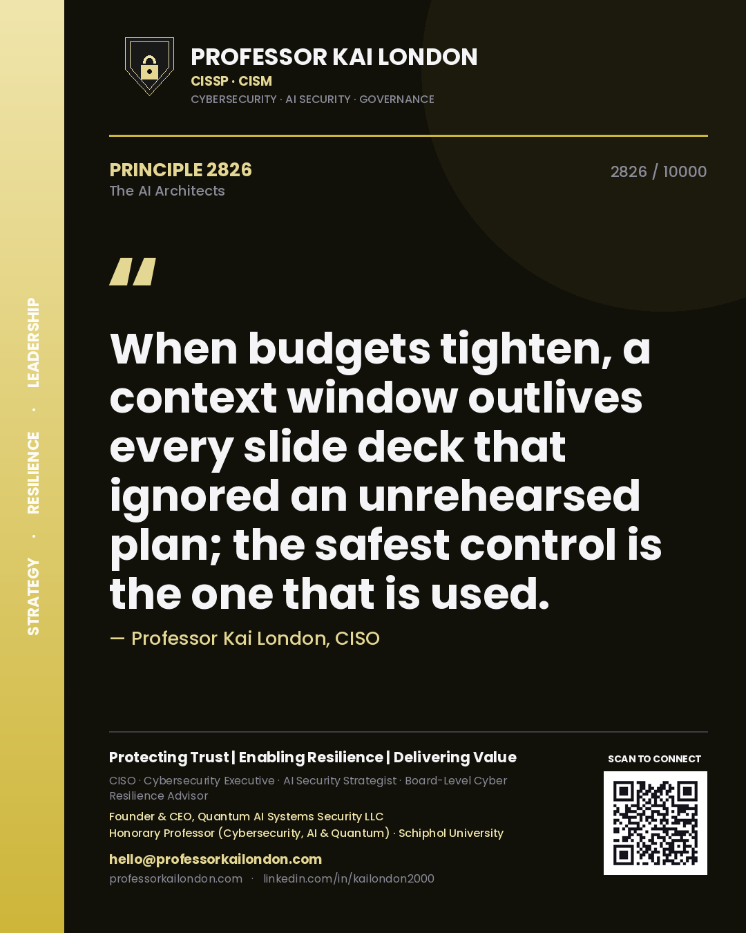 Quote card by Professor Kai London reading 'When budgets tighten, a context window outlives every slide deck that ignored an unrehearsed plan; the safest control is the one that is used.'. From the book The AI Architects.