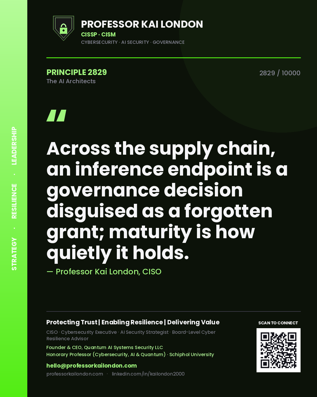 Quote card by Professor Kai London reading 'Across the supply chain, an inference endpoint is a governance decision disguised as a forgotten grant; maturity is how quietly it holds.'. From the book The AI Architects.