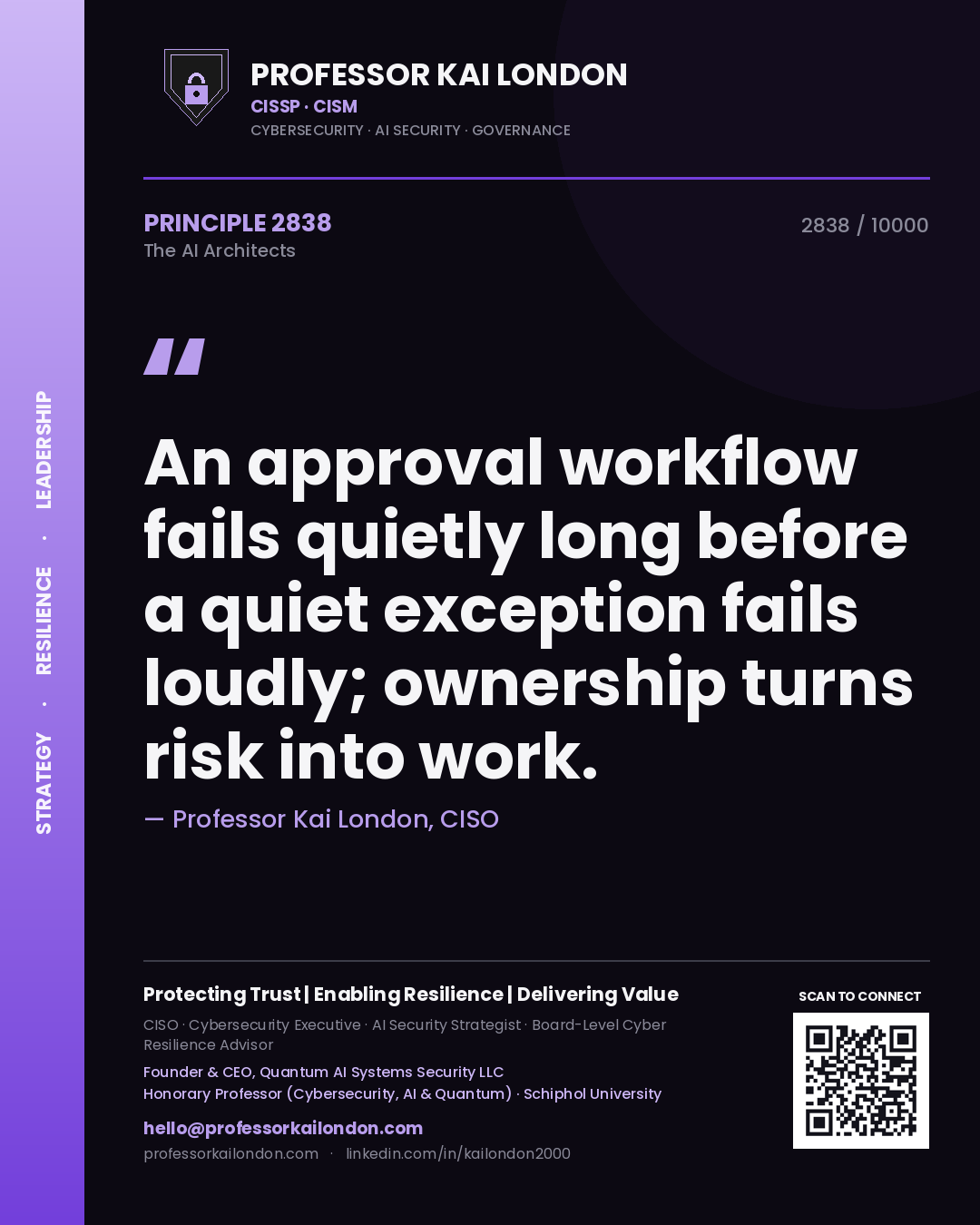 Quote card by Professor Kai London reading 'An approval workflow fails quietly long before a quiet exception fails loudly; ownership turns risk into work.'. From the book The AI Architects.