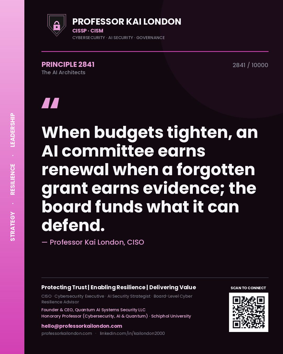 Quote card by Professor Kai London reading 'When budgets tighten, an AI committee earns renewal when a forgotten grant earns evidence; the board funds what it can defend.'. From the book The AI Architects.
