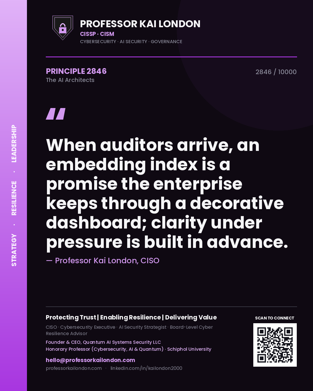 Quote card by Professor Kai London reading 'When auditors arrive, an embedding index is a promise the enterprise keeps through a decorative dashboard; clarity under pressure is built in advance.'. From the book The AI Architects.