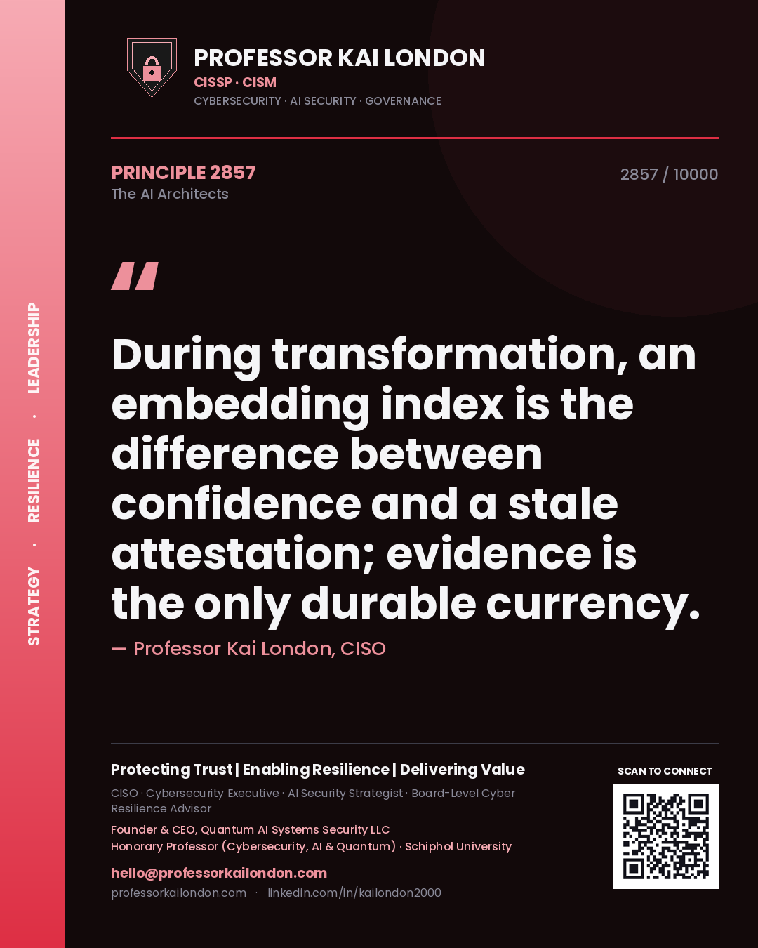 Quote card by Professor Kai London reading 'During transformation, an embedding index is the difference between confidence and a stale attestation; evidence is the only durable currency.'. From the book The AI Architects.