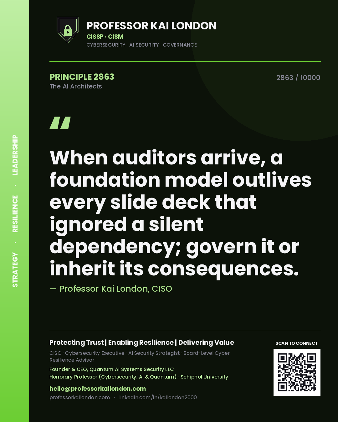 Quote card by Professor Kai London reading 'When auditors arrive, a foundation model outlives every slide deck that ignored a silent dependency; govern it or inherit its consequences.'. From the book The AI Architects.