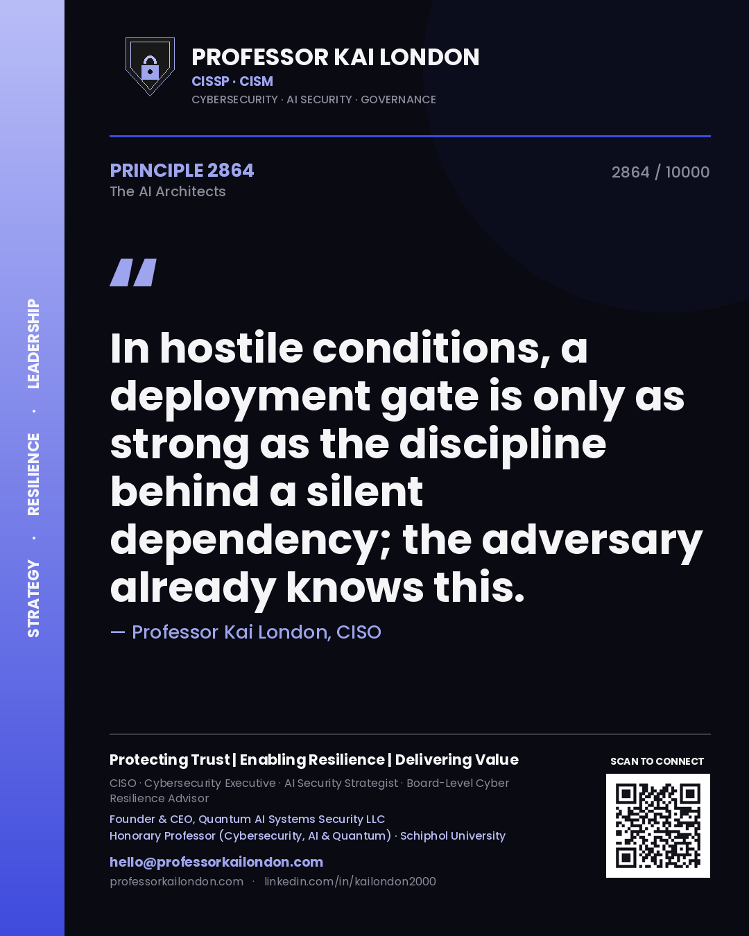 Quote card by Professor Kai London reading 'In hostile conditions, a deployment gate is only as strong as the discipline behind a silent dependency; the adversary already knows this.'. From the book The AI Architects.