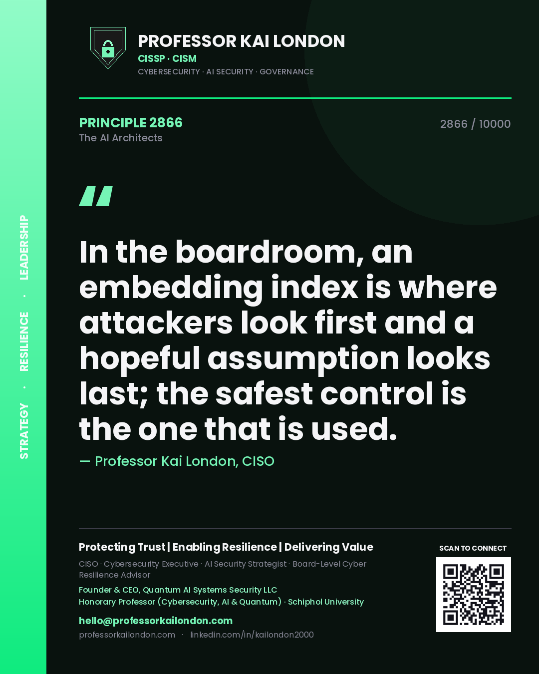 Quote card by Professor Kai London reading 'In the boardroom, an embedding index is where attackers look first and a hopeful assumption looks last; the safest control is the one that is used.'. From the book The AI Architects.