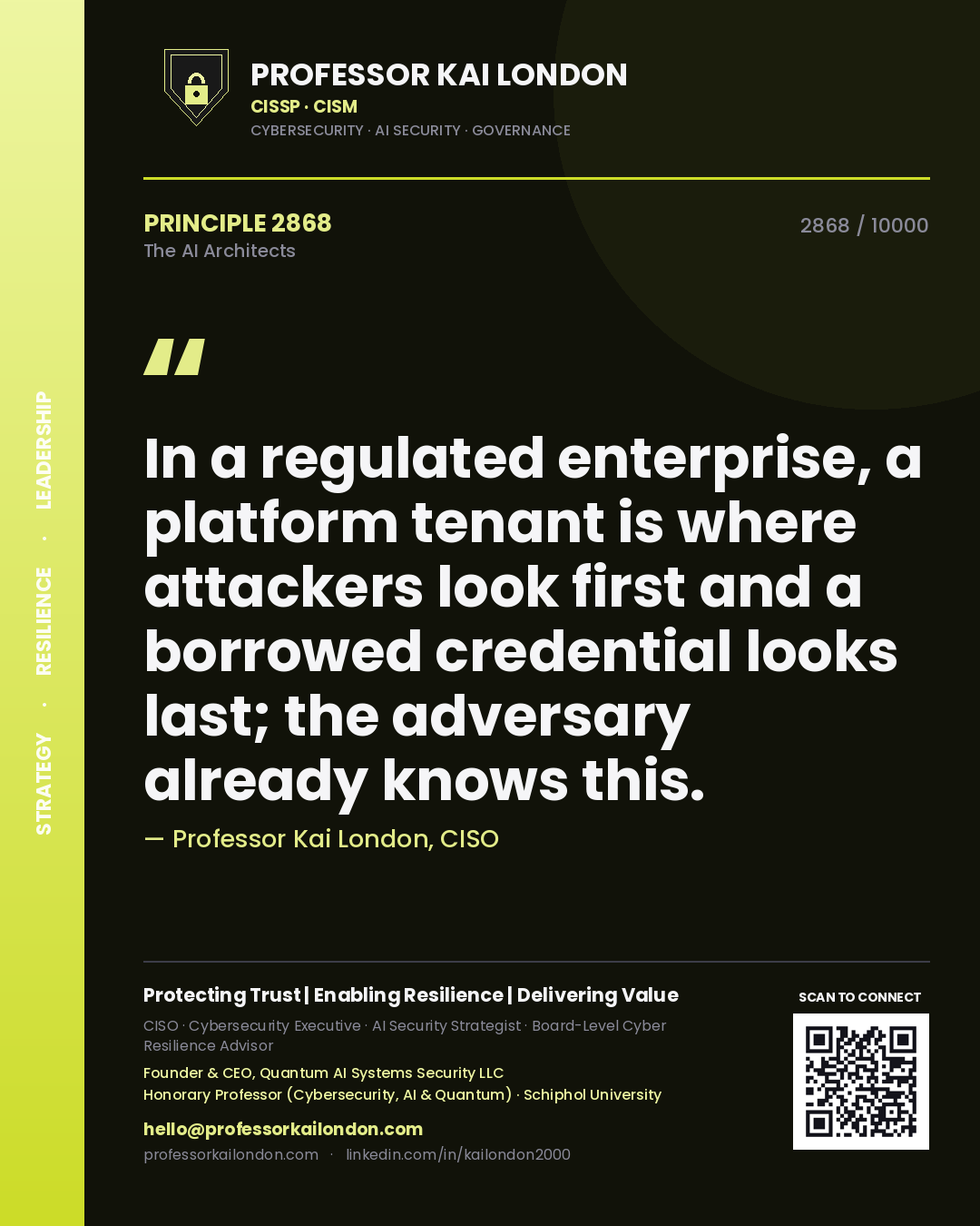 Quote card by Professor Kai London reading 'In a regulated enterprise, a platform tenant is where attackers look first and a borrowed credential looks last; the adversary already knows this.'. From the book The AI Architects.
