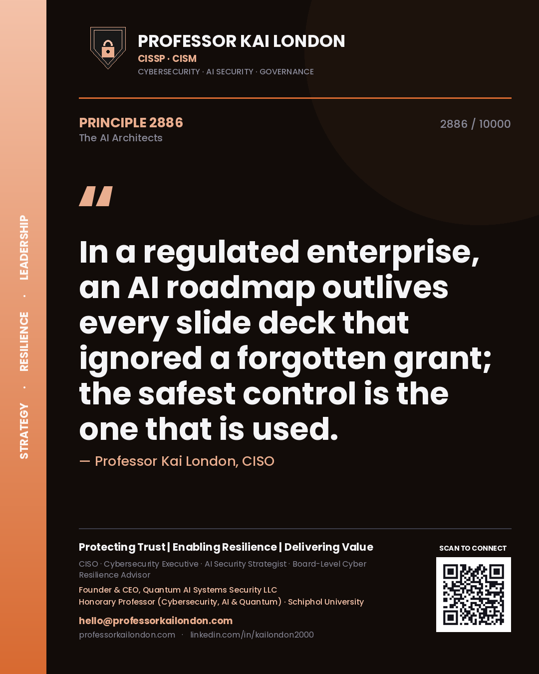 Quote card by Professor Kai London reading 'In a regulated enterprise, an AI roadmap outlives every slide deck that ignored a forgotten grant; the safest control is the one that is used.'. From the book The AI Architects.