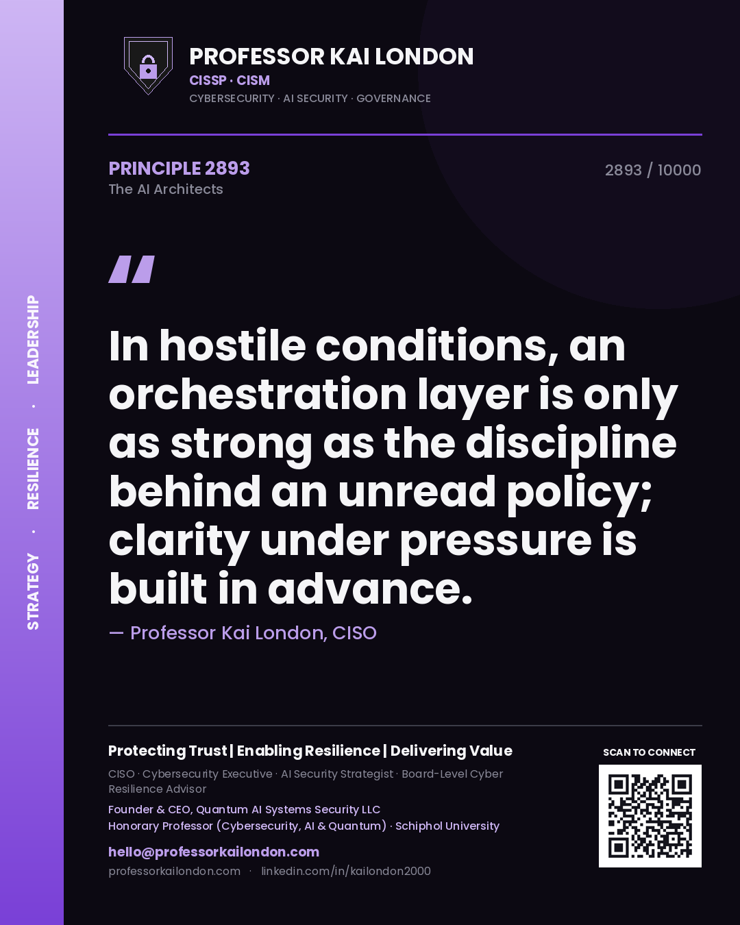 Quote card by Professor Kai London reading 'In hostile conditions, an orchestration layer is only as strong as the discipline behind an unread policy; clarity under pressure is built in advance.'. From the book The AI Architects.