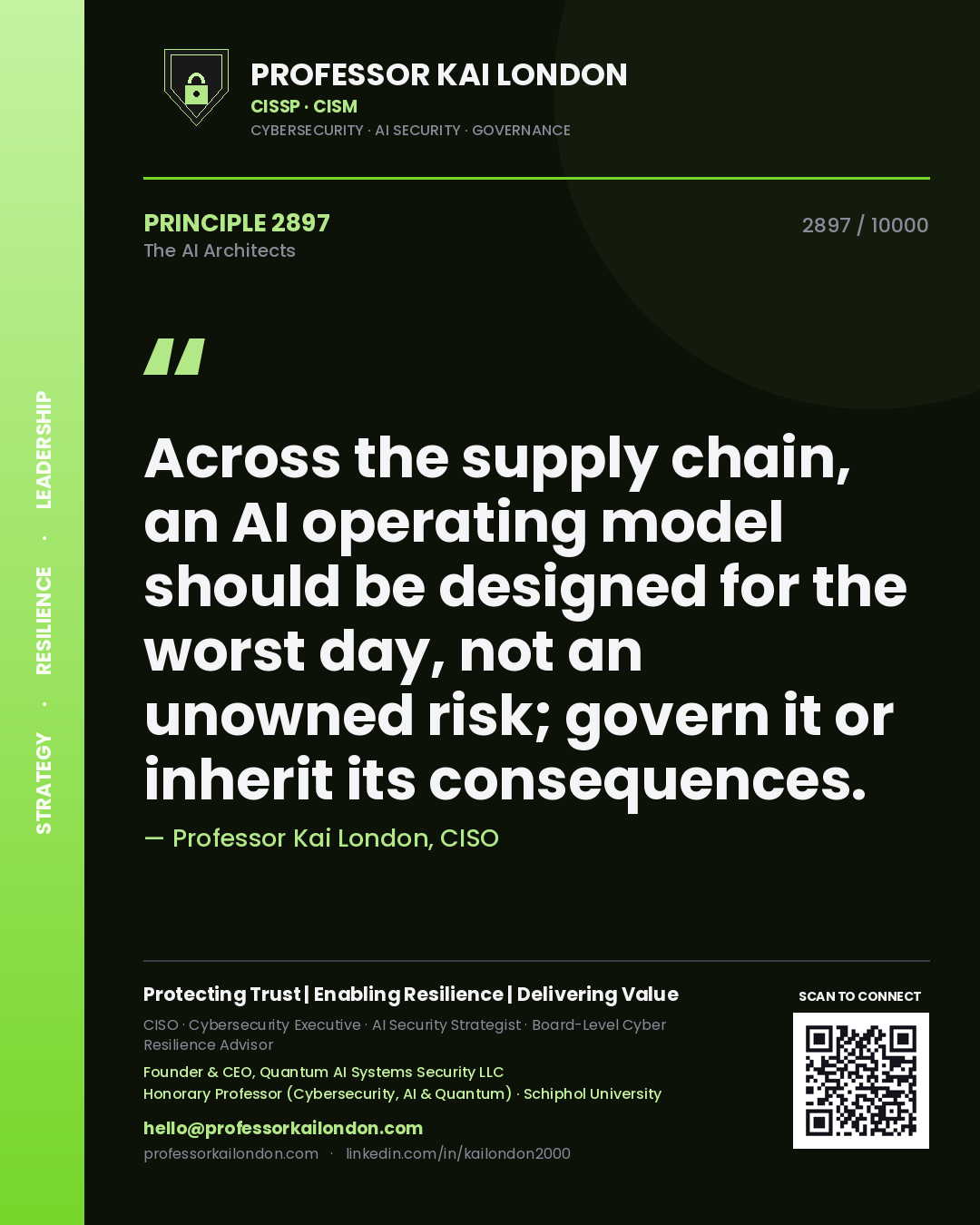 Quote card by Professor Kai London reading 'Across the supply chain, an AI operating model should be designed for the worst day, not an unowned risk; govern it or inherit its consequences.'. From the book The AI Architects.