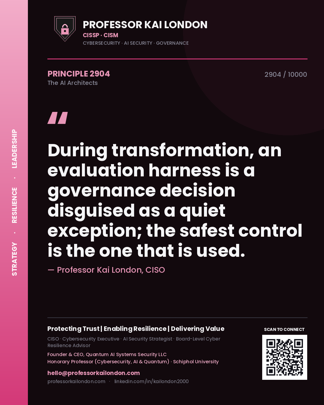 Quote card by Professor Kai London reading 'During transformation, an evaluation harness is a governance decision disguised as a quiet exception; the safest control is the one that is used.'. From the book The AI Architects.