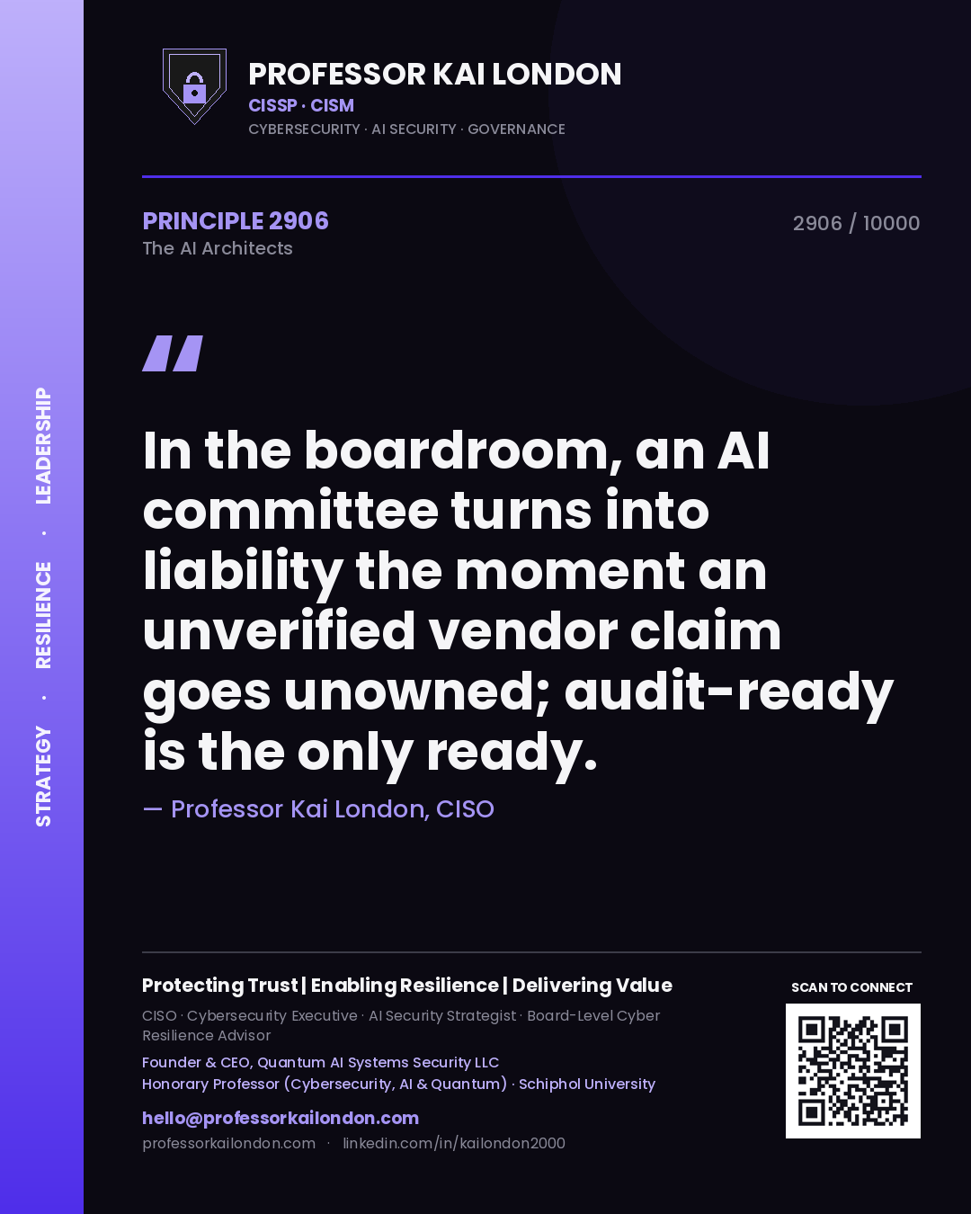 Quote card by Professor Kai London reading 'In the boardroom, an AI committee turns into liability the moment an unverified vendor claim goes unowned; audit-ready is the only ready.'. From the book The AI Architects.