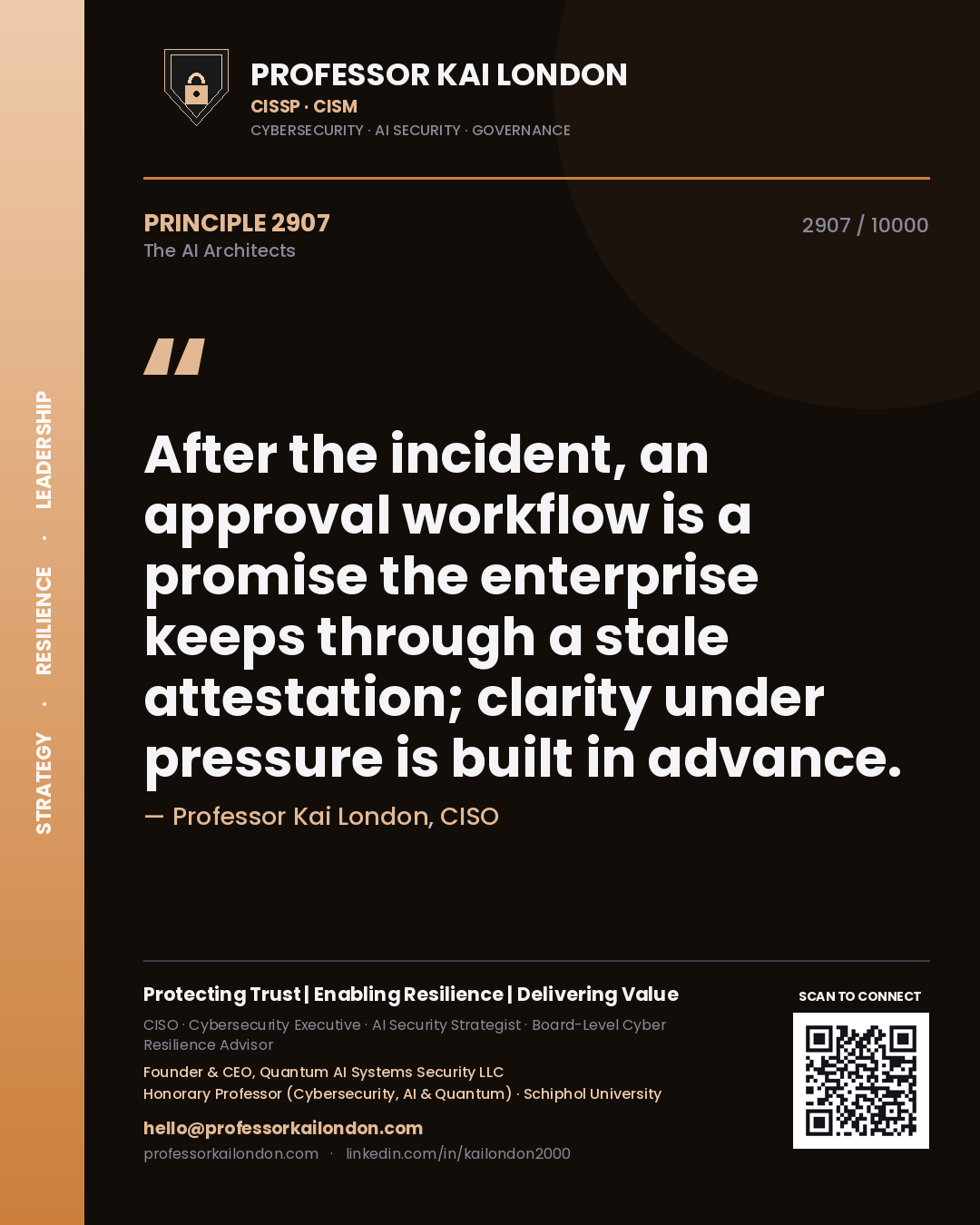 Quote card by Professor Kai London reading 'After the incident, an approval workflow is a promise the enterprise keeps through a stale attestation; clarity under pressure is built in advance.'. From the book The AI Architects.