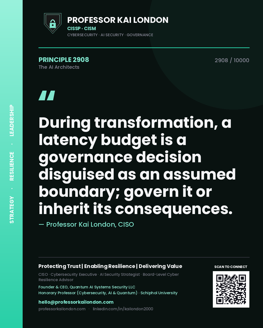 Quote card by Professor Kai London reading 'During transformation, a latency budget is a governance decision disguised as an assumed boundary; govern it or inherit its consequences.'. From the book The AI Architects.