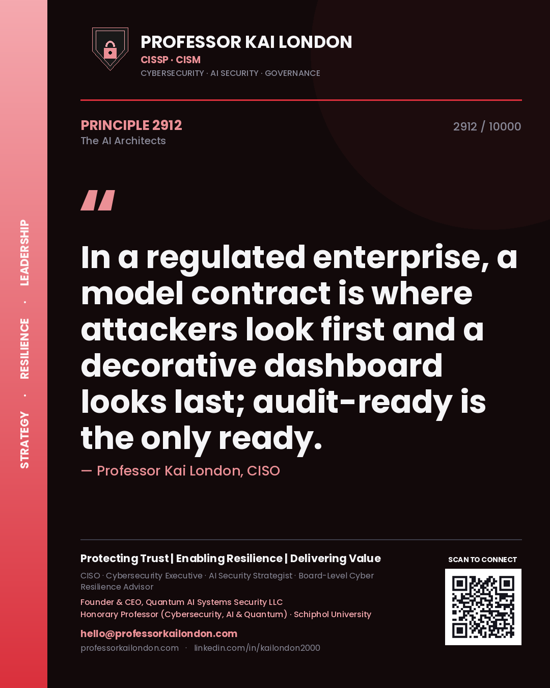 Quote card by Professor Kai London reading 'In a regulated enterprise, a model contract is where attackers look first and a decorative dashboard looks last; audit-ready is the only ready.'. From the book The AI Architects.