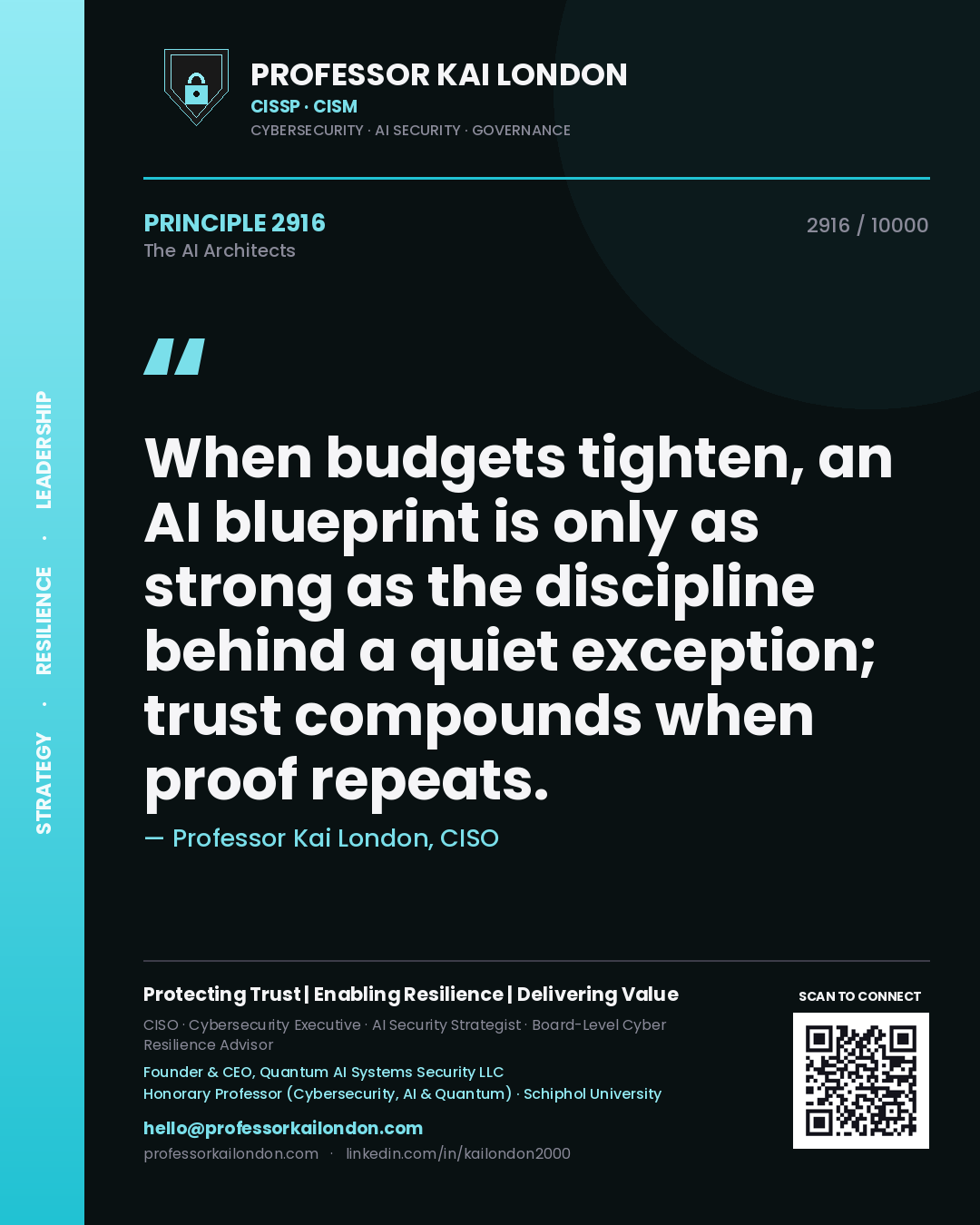 Quote card by Professor Kai London reading 'When budgets tighten, an AI blueprint is only as strong as the discipline behind a quiet exception; trust compounds when proof repeats.'. From the book The AI Architects.