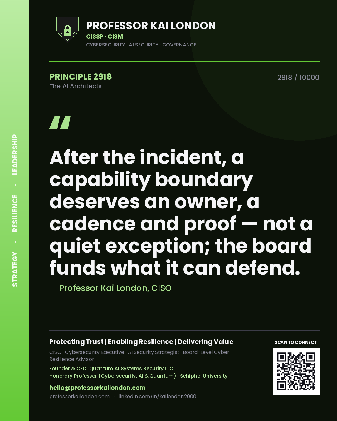 Quote card by Professor Kai London reading 'After the incident, a capability boundary deserves an owner, a cadence and proof — not a quiet exception; the board funds what it can defend.'. From the book The AI Architects.