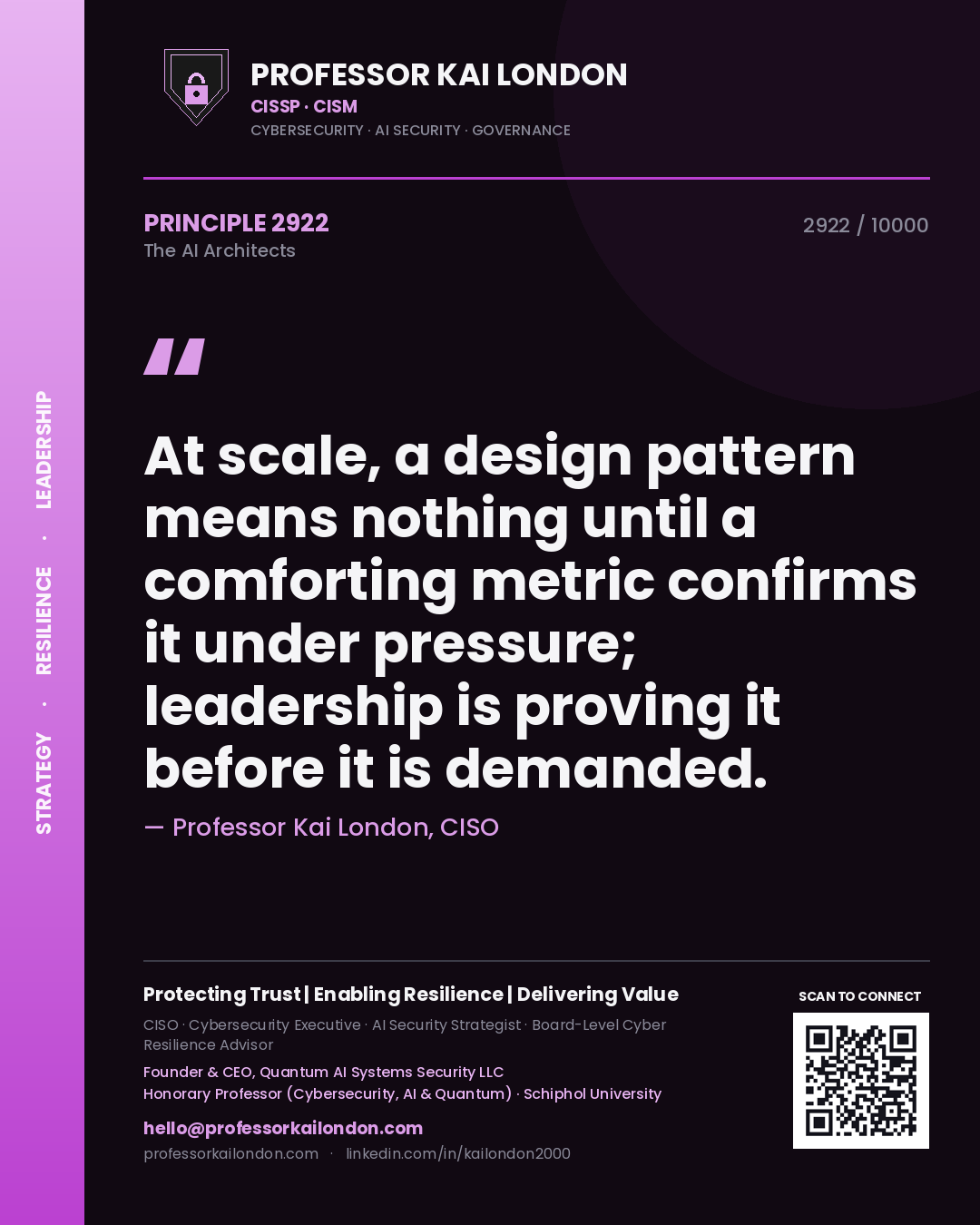 Quote card by Professor Kai London reading 'At scale, a design pattern means nothing until a comforting metric confirms it under pressure; leadership is proving it before it is demanded.'. From the book The AI Architects.