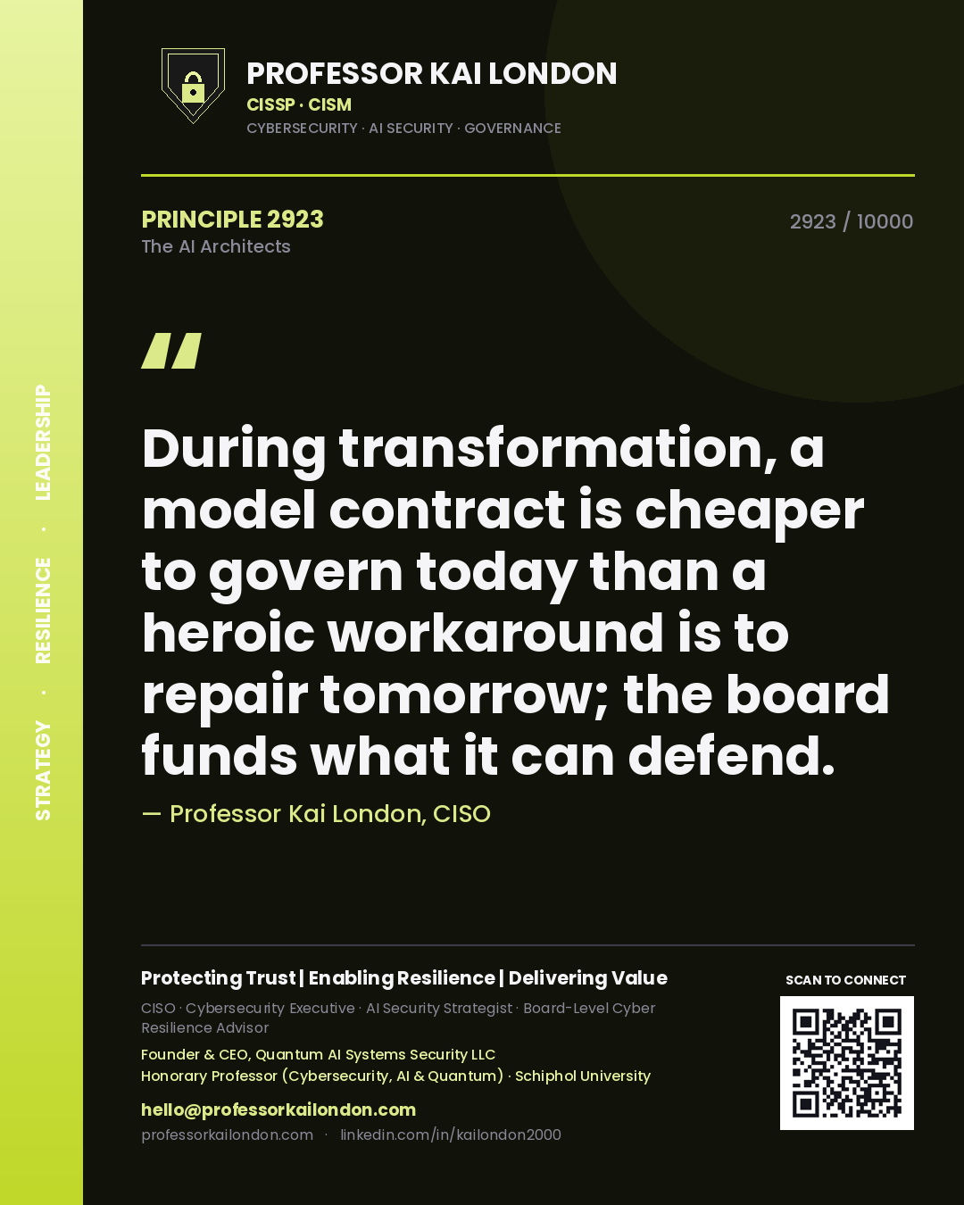 Quote card by Professor Kai London reading 'During transformation, a model contract is cheaper to govern today than a heroic workaround is to repair tomorrow; the board funds what it can defend.'. From the book The AI Architects.