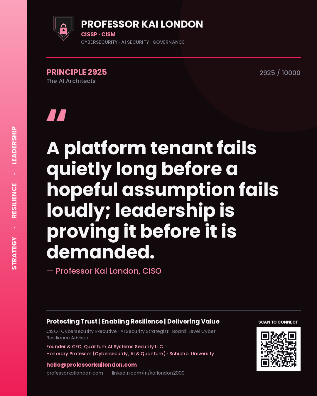 Quote card by Professor Kai London reading 'A platform tenant fails quietly long before a hopeful assumption fails loudly; leadership is proving it before it is demanded.'. From the book The AI Architects.