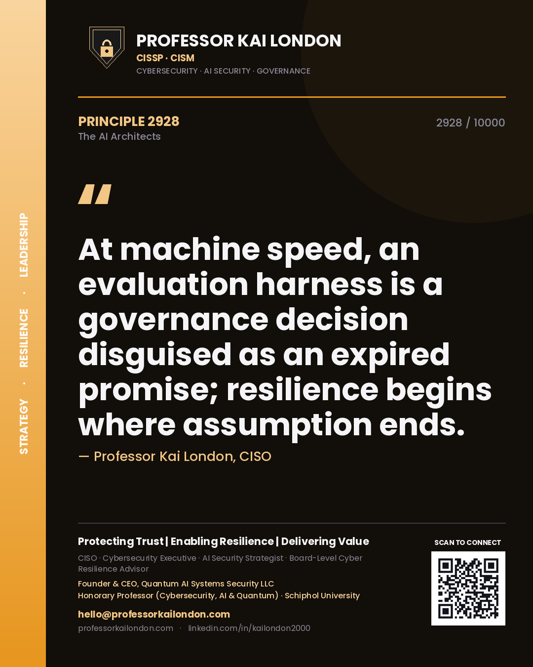 Quote card by Professor Kai London reading 'At machine speed, an evaluation harness is a governance decision disguised as an expired promise; resilience begins where assumption ends.'. From the book The AI Architects.