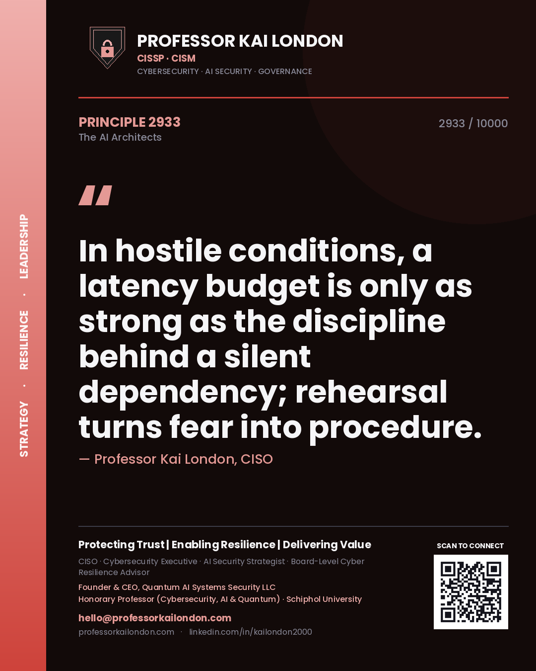 Quote card by Professor Kai London reading 'In hostile conditions, a latency budget is only as strong as the discipline behind a silent dependency; rehearsal turns fear into procedure.'. From the book The AI Architects.
