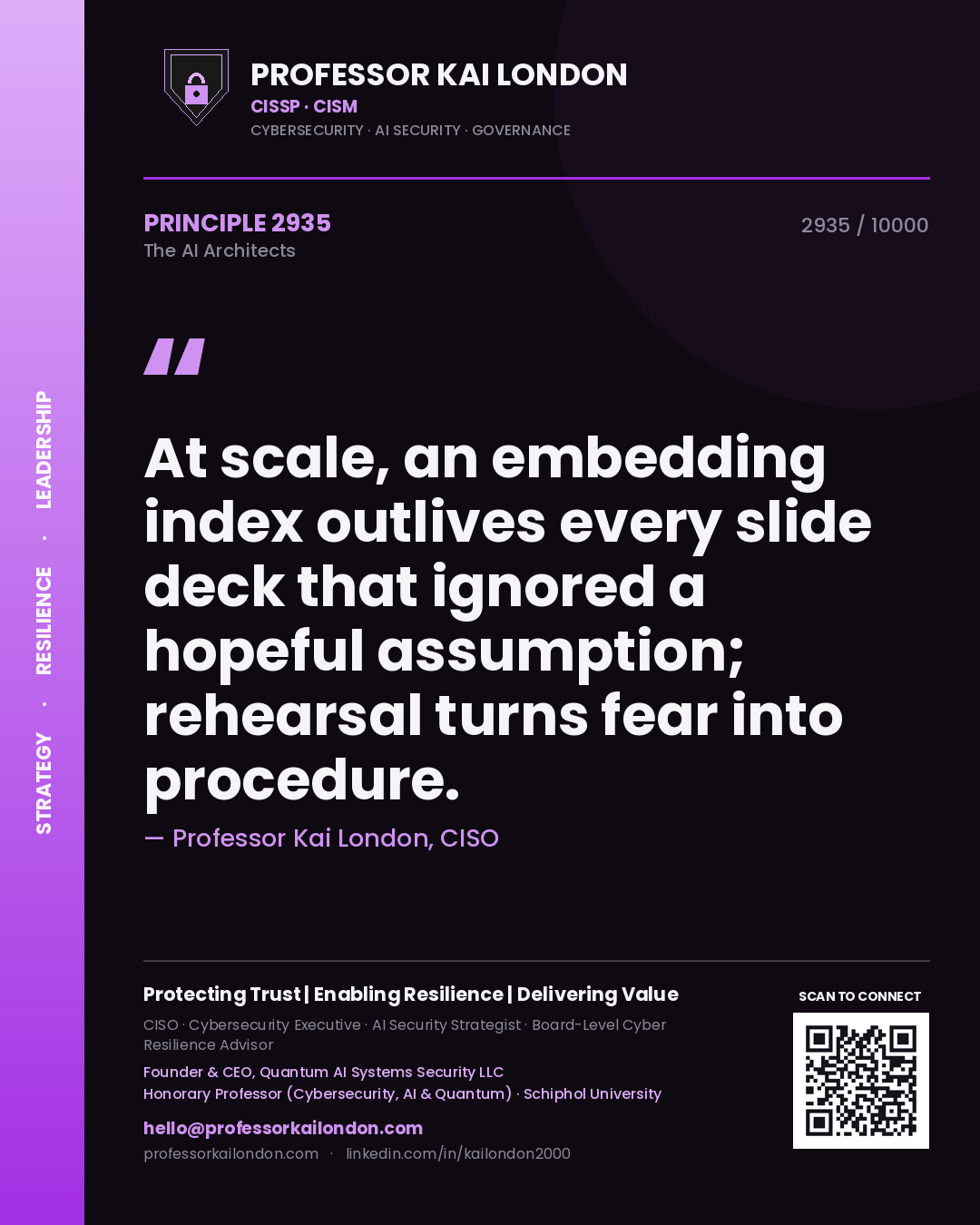 Quote card by Professor Kai London reading 'At scale, an embedding index outlives every slide deck that ignored a hopeful assumption; rehearsal turns fear into procedure.'. From the book The AI Architects.
