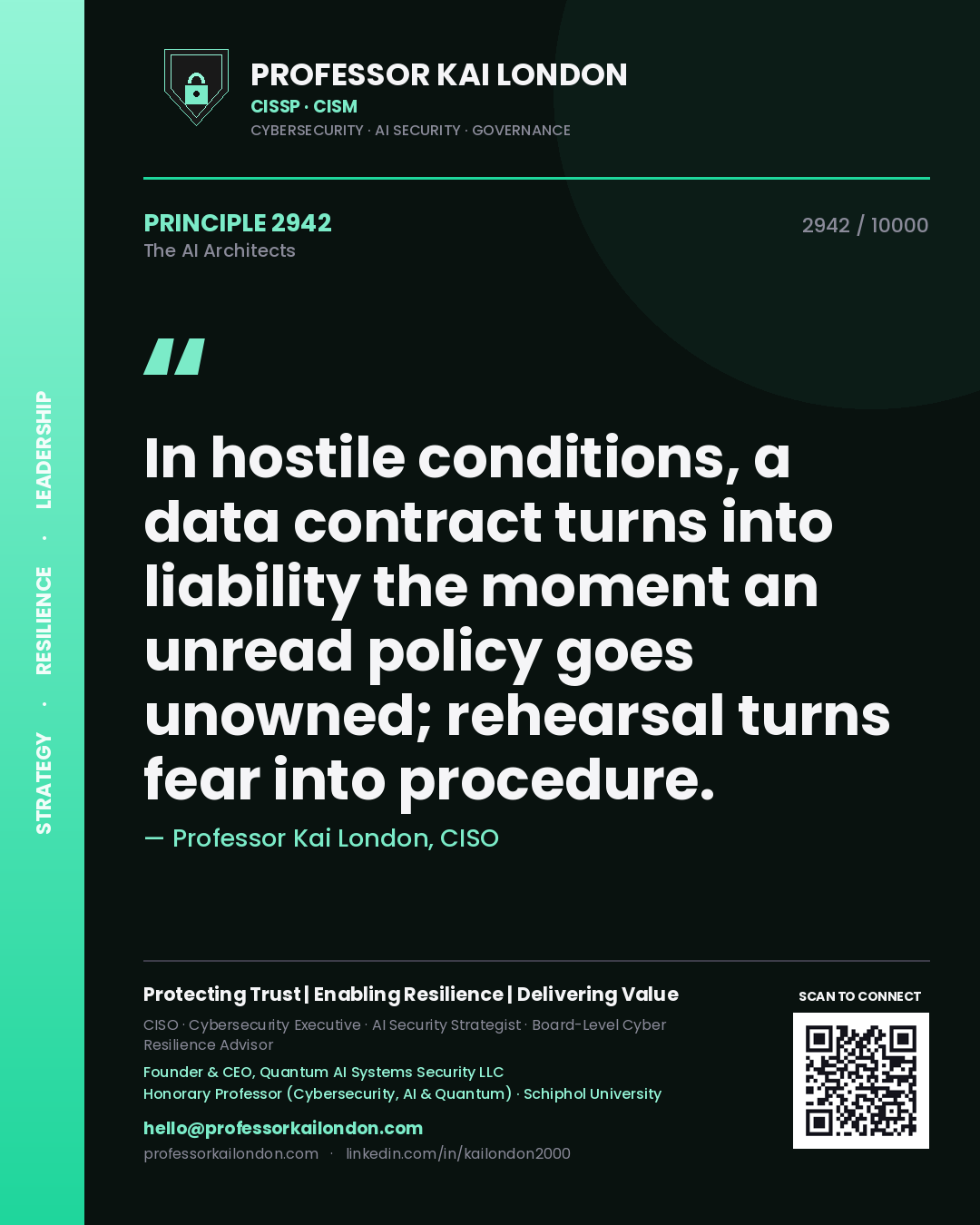Quote card by Professor Kai London reading 'In hostile conditions, a data contract turns into liability the moment an unread policy goes unowned; rehearsal turns fear into procedure.'. From the book The AI Architects.