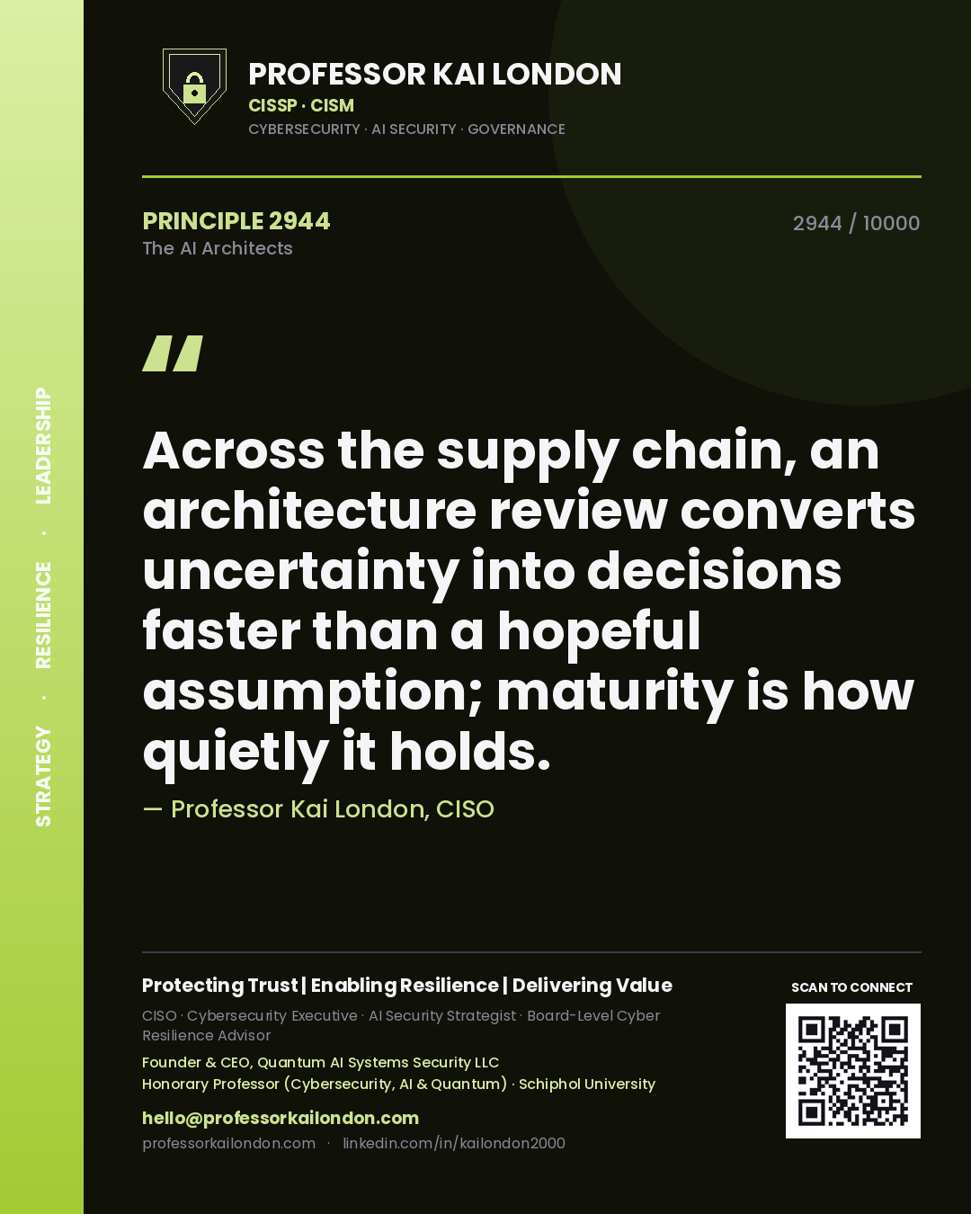 Quote card by Professor Kai London reading 'Across the supply chain, an architecture review converts uncertainty into decisions faster than a hopeful assumption; maturity is how quietly it holds.'. From the book The AI Architects.