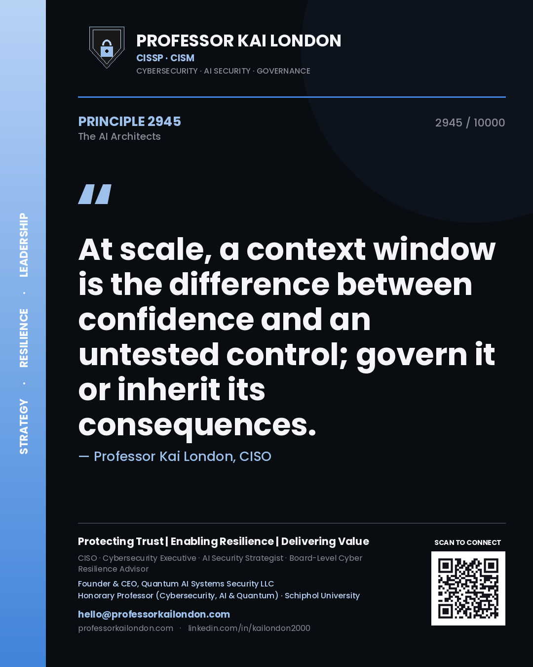 Quote card by Professor Kai London reading 'At scale, a context window is the difference between confidence and an untested control; govern it or inherit its consequences.'. From the book The AI Architects.