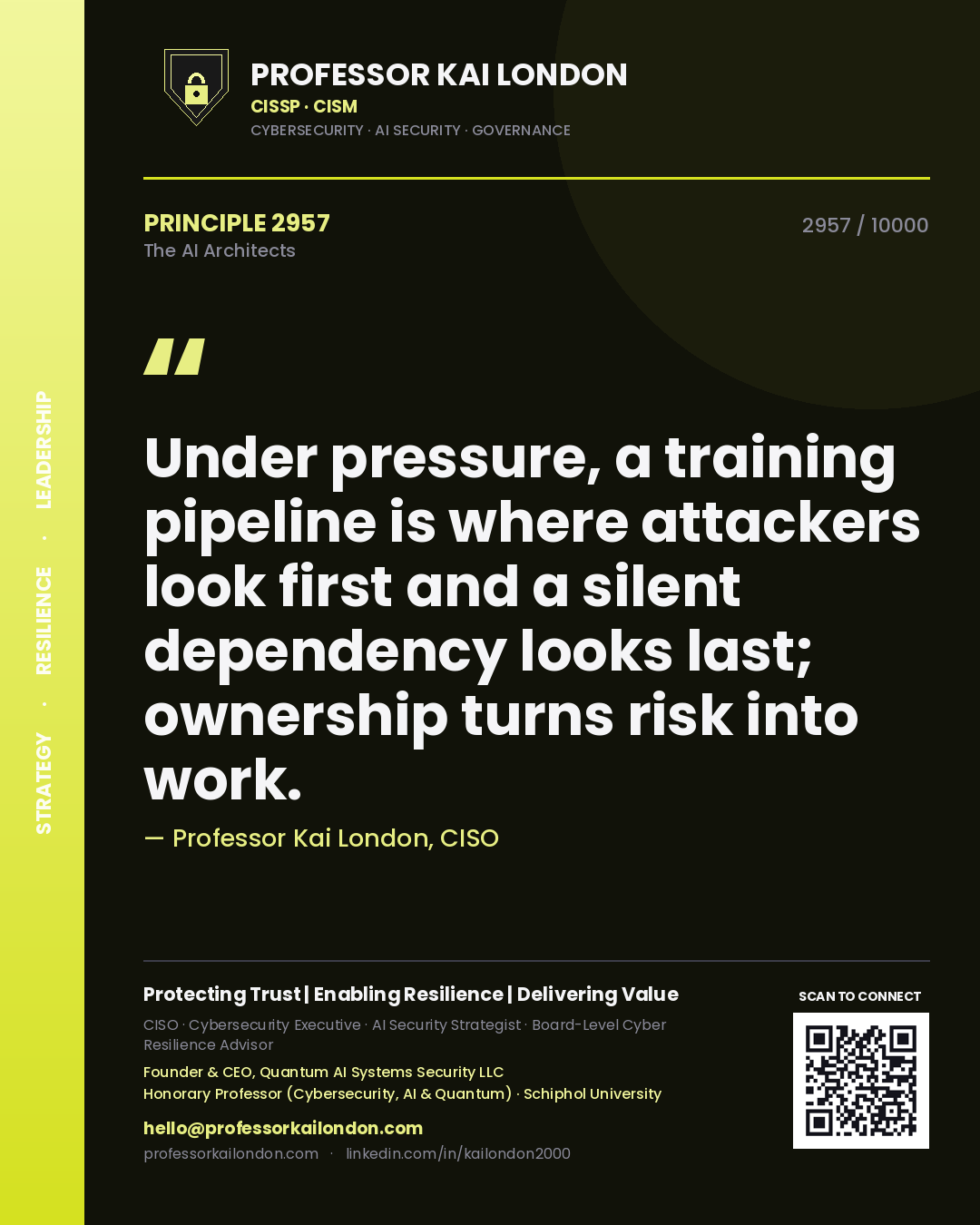 Quote card by Professor Kai London reading 'Under pressure, a training pipeline is where attackers look first and a silent dependency looks last; ownership turns risk into work.'. From the book The AI Architects.