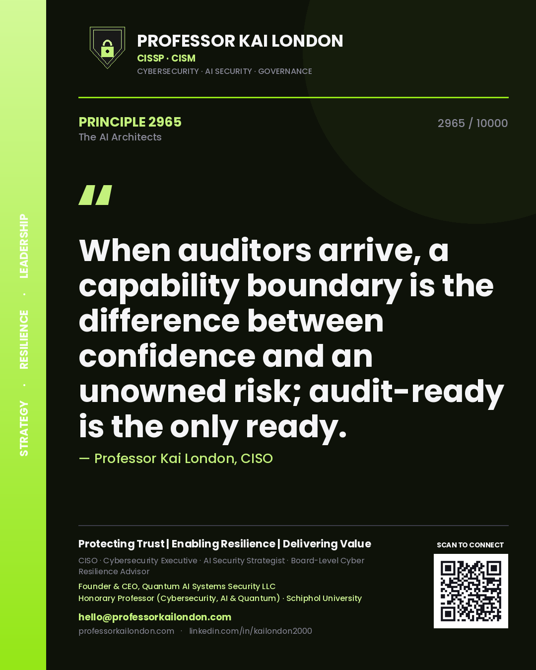 Quote card by Professor Kai London reading 'When auditors arrive, a capability boundary is the difference between confidence and an unowned risk; audit-ready is the only ready.'. From the book The AI Architects.