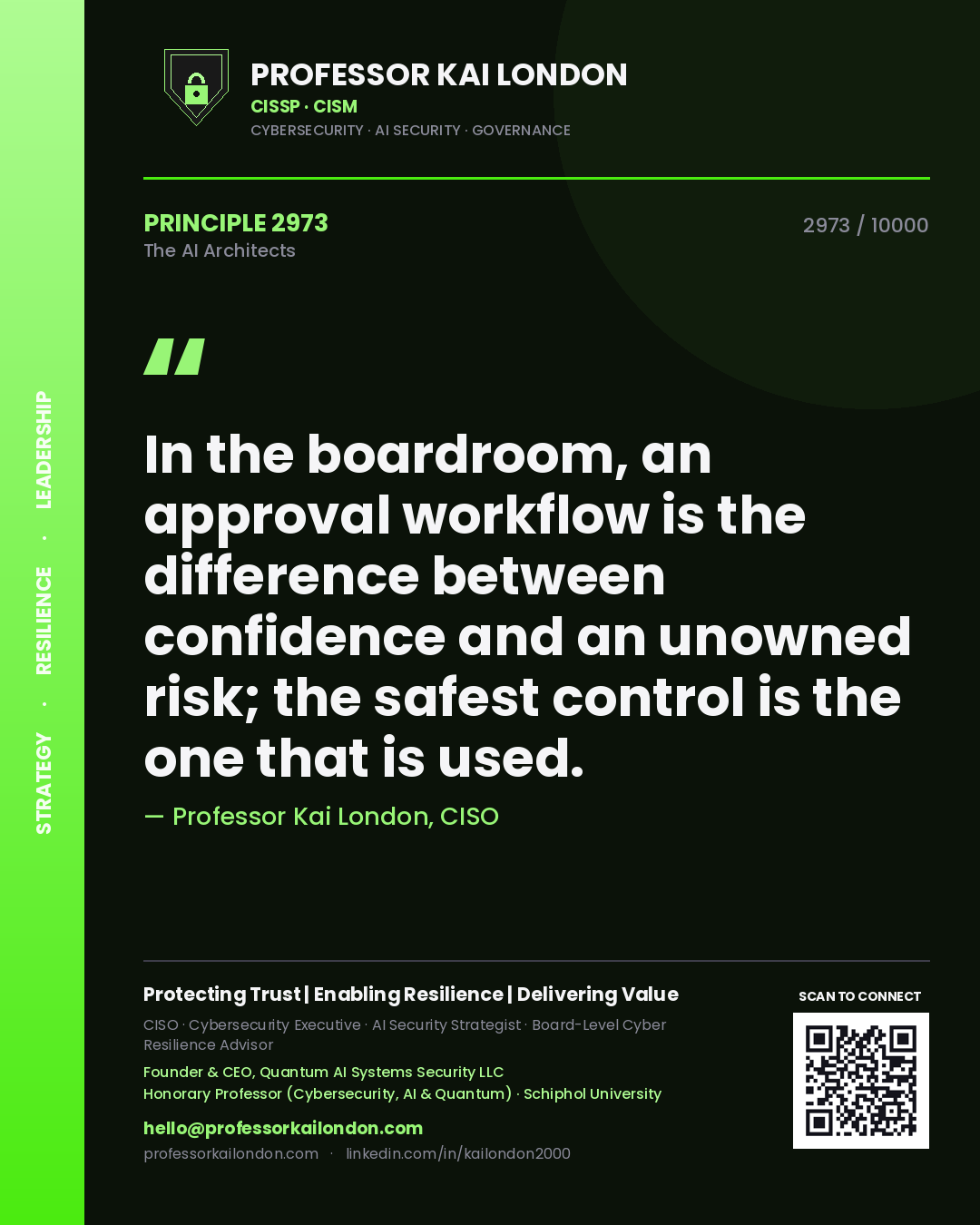 Quote card by Professor Kai London reading 'In the boardroom, an approval workflow is the difference between confidence and an unowned risk; the safest control is the one that is used.'. From the book The AI Architects.