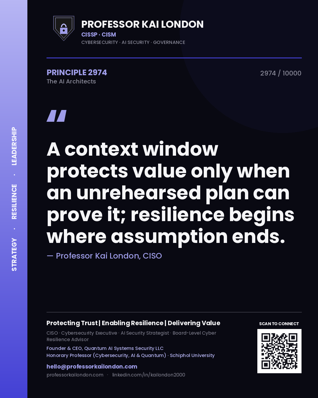 Quote card by Professor Kai London reading 'A context window protects value only when an unrehearsed plan can prove it; resilience begins where assumption ends.'. From the book The AI Architects.