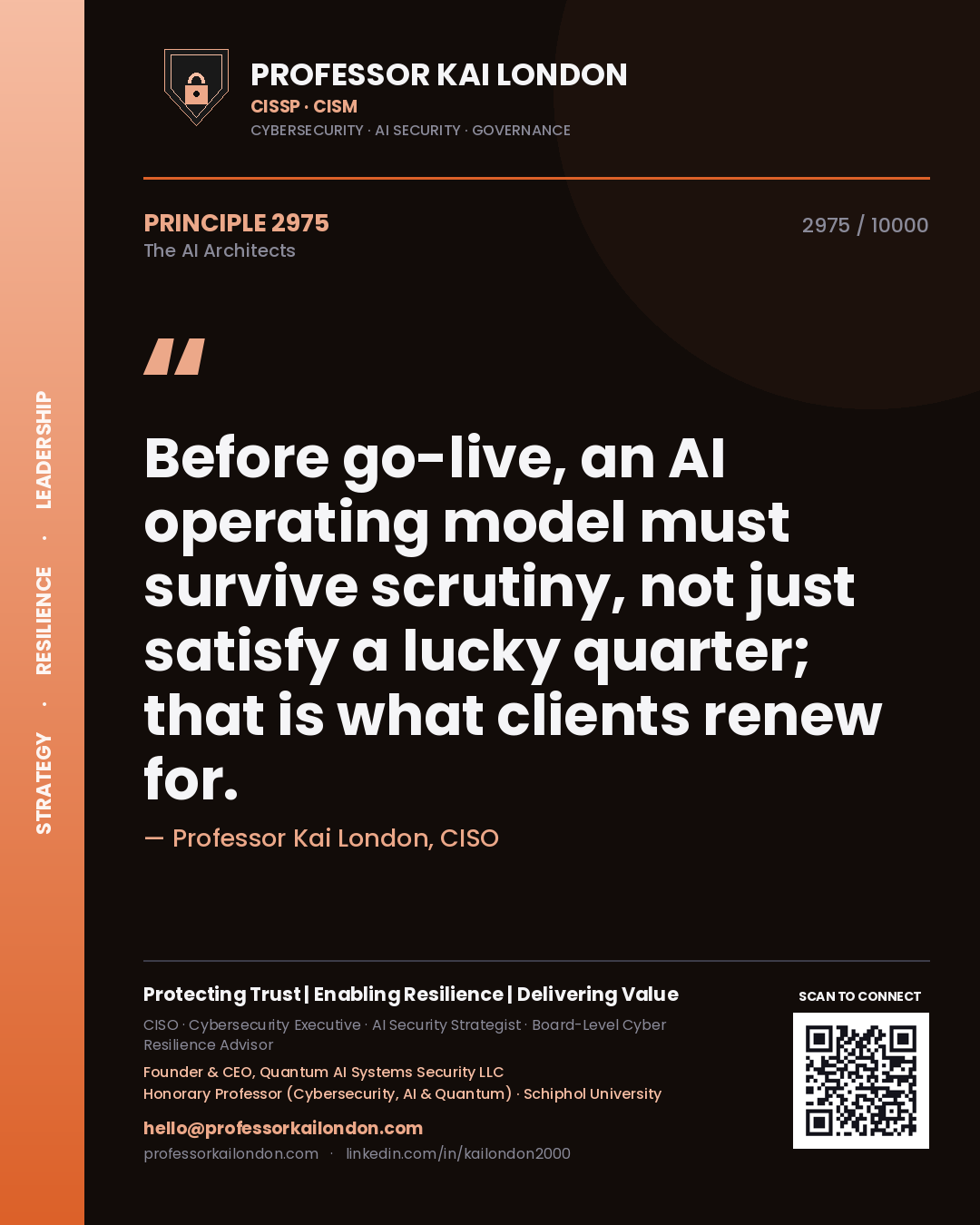 Quote card by Professor Kai London reading 'Before go-live, an AI operating model must survive scrutiny, not just satisfy a lucky quarter; that is what clients renew for.'. From the book The AI Architects.