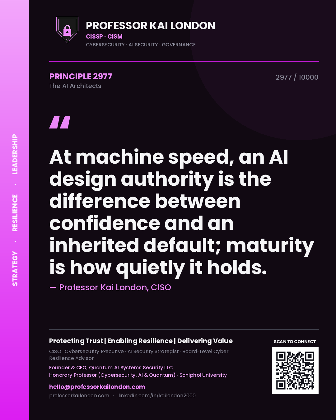 Quote card by Professor Kai London reading 'At machine speed, an AI design authority is the difference between confidence and an inherited default; maturity is how quietly it holds.'. From the book The AI Architects.